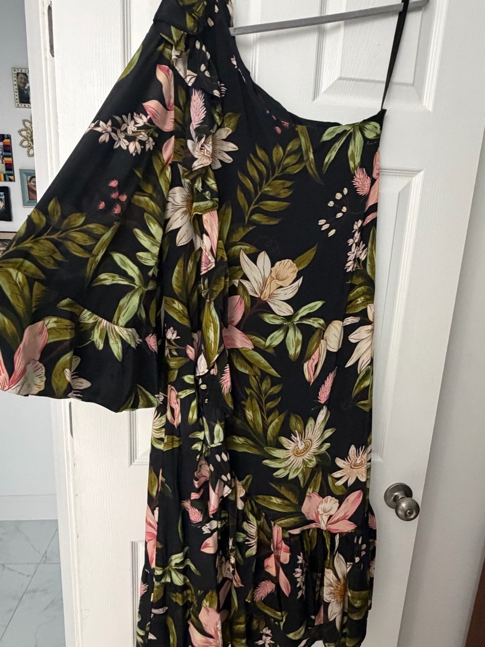 FARM Rio Black One-Shoulder Floral Maxi Dress with Pink & Green Blooms - Picture 2 of 3